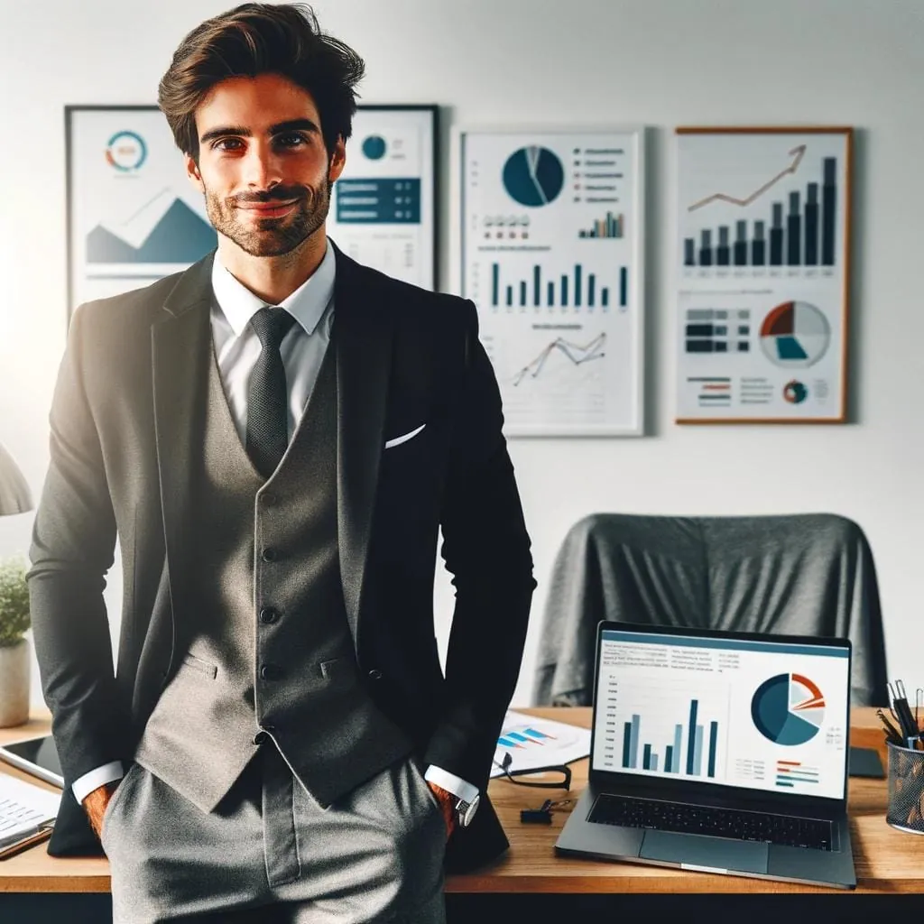 Consultor de marketing em escritório com painéis de resultados