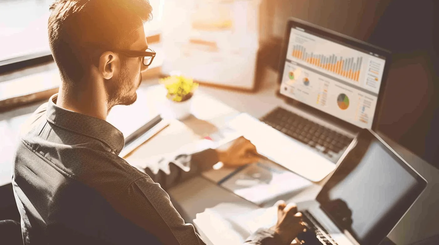 Profissional analisando estratégia de SEO no computador, com relatórios de tráfego orgânico na tela