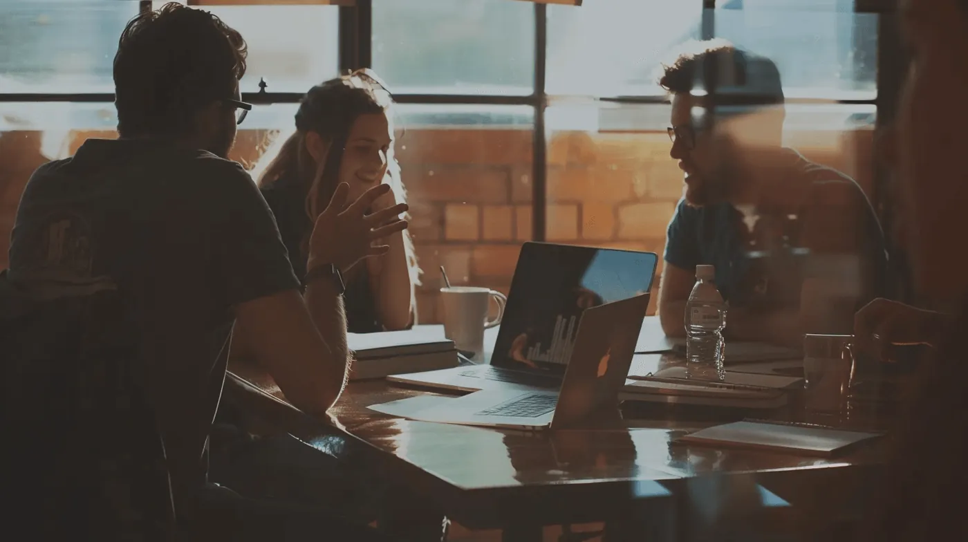 Equipe de agência de marketing digital reunida discutindo estratégia