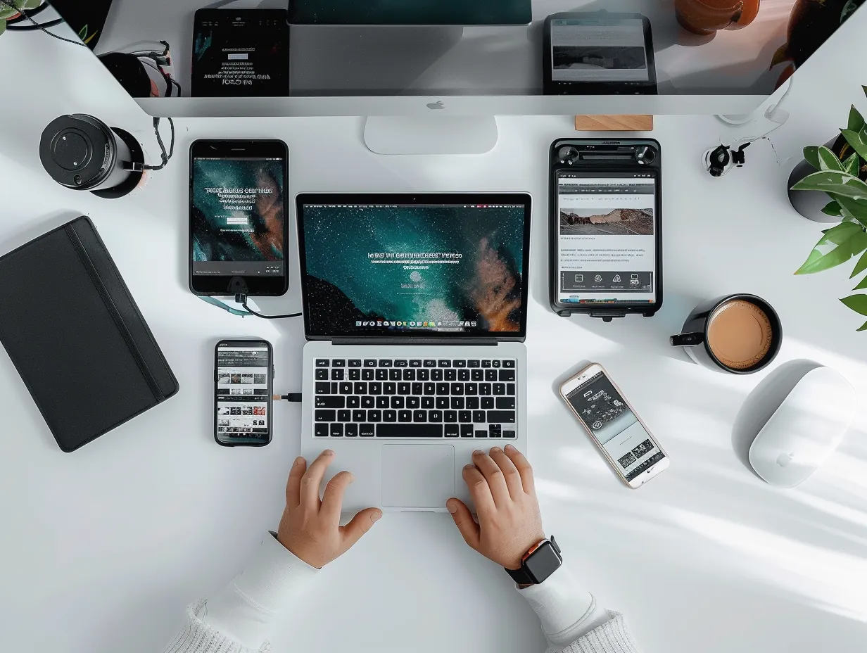Site responsivo aberto em computador, celular e tablet