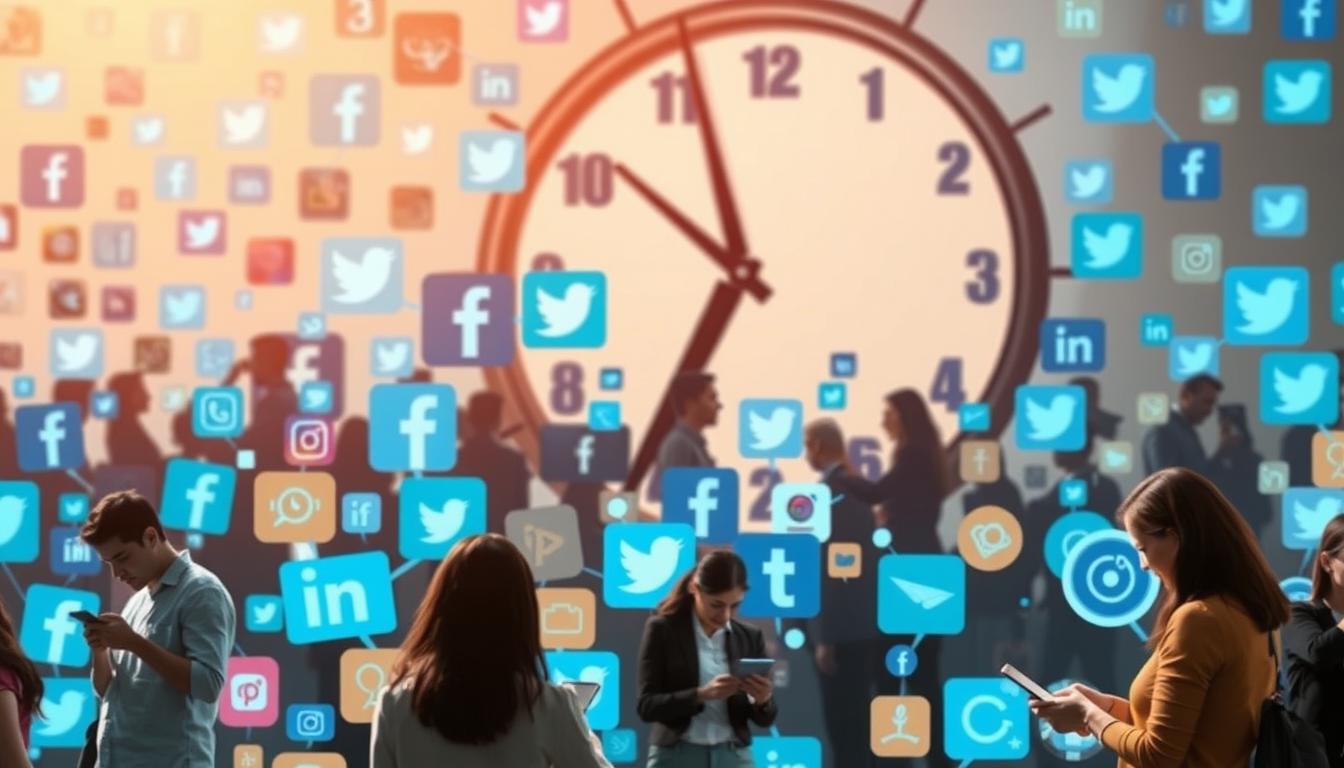 A bustling digital landscape of interlocking social media icons, including familiar symbols for Facebook, Twitter, Instagram, and more. In the foreground, a diverse group of people multitasking on their devices, checking feeds, posting updates, and collaborating. The background features a large clock, its hands spinning rapidly to convey the fast-paced, time-sensitive nature of the digital world. Soft, warm lighting casts a sense of productivity and efficiency, while the overall composition suggests the need to strategically prioritize one's social media presence. The scene captures the essence of navigating the modern social media ecosystem with focus and intentionality.