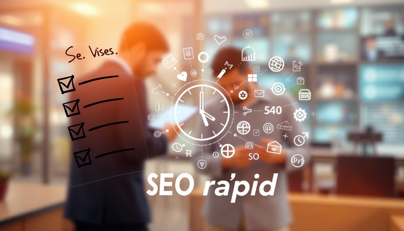 A dynamic digital scene depicting the concept of "SEO rápido" (fast SEO optimization). In the foreground, a hand-drawn checklist floats against a softly blurred background, the checkmarks ticking off tasks rapidly. In the middle ground, a stylized digital clock is surrounded by a constellation of icons representing various digital marketing elements. In the background, two figures are engaged in multitasking, their hands a blur as they navigate a complex digital landscape. The overall mood is one of efficiency, productivity, and immediate results, with a warm, slightly futuristic color palette that evokes a sense of modern, streamlined digital solutions.