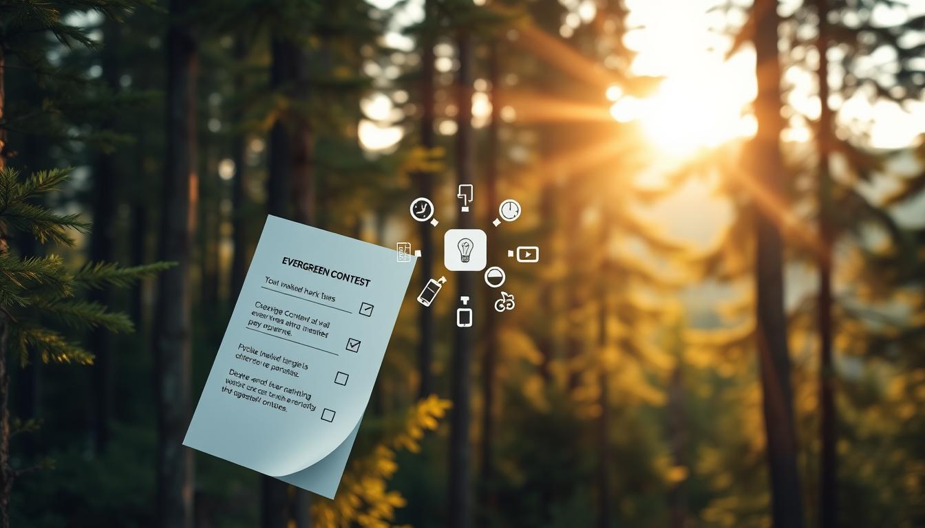 A lush, evergreen forest with sunbeams filtering through the canopy. In the foreground, a meticulously crafted checklist floats, its crisp edges and clean typography contrasting with the organic surroundings. In the middle ground, a cluster of digital icons representing various tasks - a clock, a mobile device, a lightbulb - are arranged in a harmonious composition, hinting at the efficient, multitasking nature of evergreen content. The background features a blurred, serene landscape, with the warm, golden glow of the sun casting a tranquil atmosphere over the entire scene. This image conveys the idea of evergreen content as a timeless, low-maintenance, and high-impact resource for digital marketing.