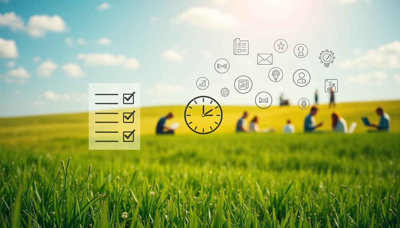 A serene landscape with a lush green meadow and a vibrant blue sky. In the foreground, a simple but elegant checklist floats, its items neatly organized. In the middle ground, a stylized digital clock and various icons representing automation and efficiency are prominently displayed. In the background, a group of people are engaged in various tasks, multitasking with focus and determination. The scene is bathed in warm, natural lighting, creating a sense of productivity and timelessness. This image conveys the essence of "evergreen content" - timeless, adaptable, and designed to deliver lasting value.