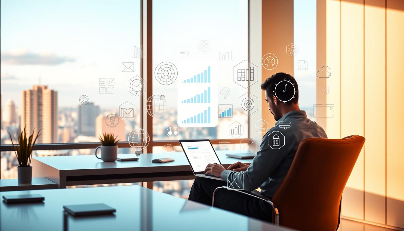 A sleek, modern office setting with a minimalist desk and a large window overlooking a vibrant cityscape. In the foreground, a person sits in a comfortable chair, intently focused on a laptop screen, surrounded by a collection of digital icons, charts, and to-do lists. The lighting is warm and natural, casting a soft glow across the scene. In the background, a transparent holographic interface displays various AI-powered marketing analytics and optimization tools, reflecting the theme of "IA para marketing" and the section's title, "Uso de IA no dia a dia: mais produção com menos esforço".