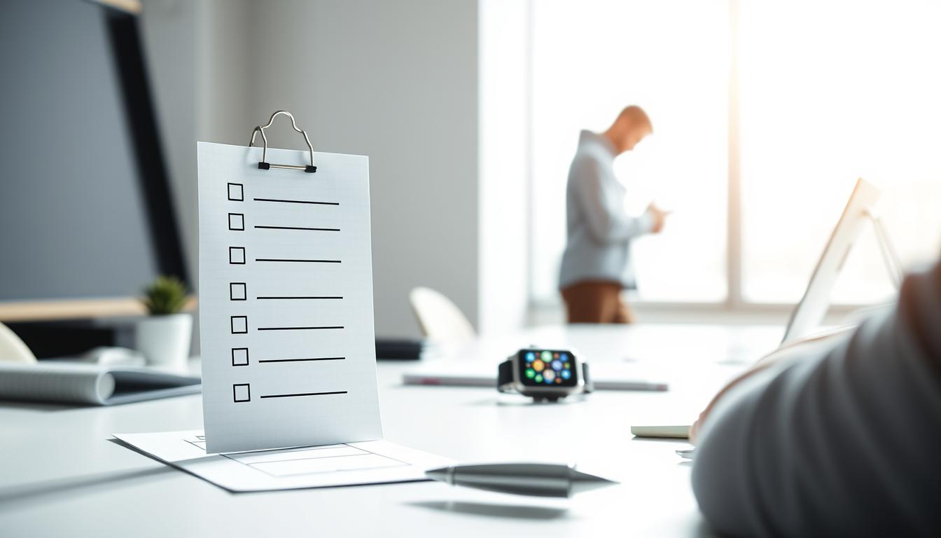 Crisp, minimalist composition depicting the essence of digital marketing for busy professionals. In the foreground, a carefully curated checklist hovers over a desk, symbolizing the practical, structured approach. In the middle ground, a smartwatch displays digital icons, representing the fast-paced, tech-savvy nature of modern marketing. In the background, a blurred silhouette of a person multitasking, conveying the need for efficiency and adaptability. The lighting is clean and bright, with a professional, solution-oriented mood. Captured with a wide-angle lens to emphasize the sense of organization and productivity.